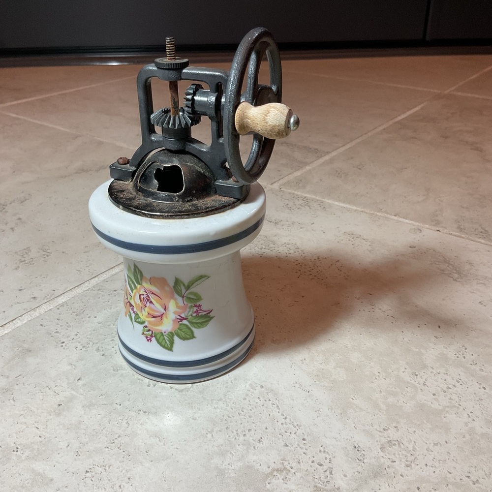 Vintage Ceramic And Cast Iron Manual Pepper Or Spice Grinder With Floral Design